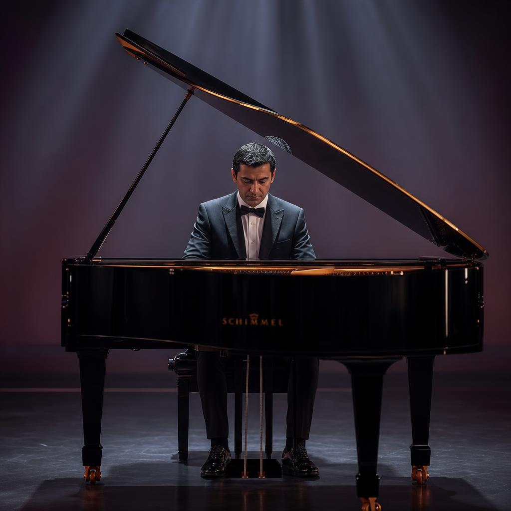 AI-generated portrait of Romulus Harmonius performing haunting classical piano music.