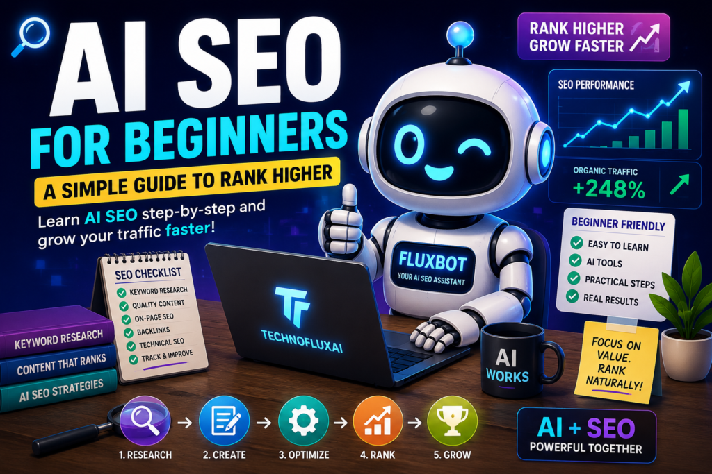 FluxBot AI robot teaching beginner SEO strategies with keyword research, rankings, content optimization, and AI workflow tools on a futuristic dashboard.