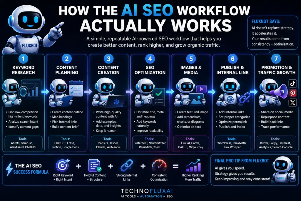 FluxBot explaining how the AI SEO workflow works, from keyword research and content planning to optimization, internal linking, publishing, and promotion.