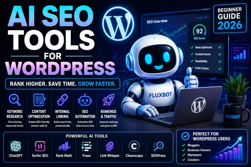 FluxBot using AI SEO tools for WordPress with SEO dashboard, keyword research workflow, rankings growth charts, and automation tools.
