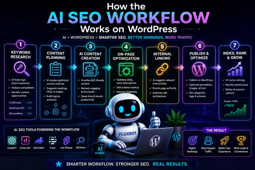 FluxBot demonstrating an AI SEO workflow on WordPress with keyword research, content optimization, internal linking, publishing, and traffic growth dashboards.