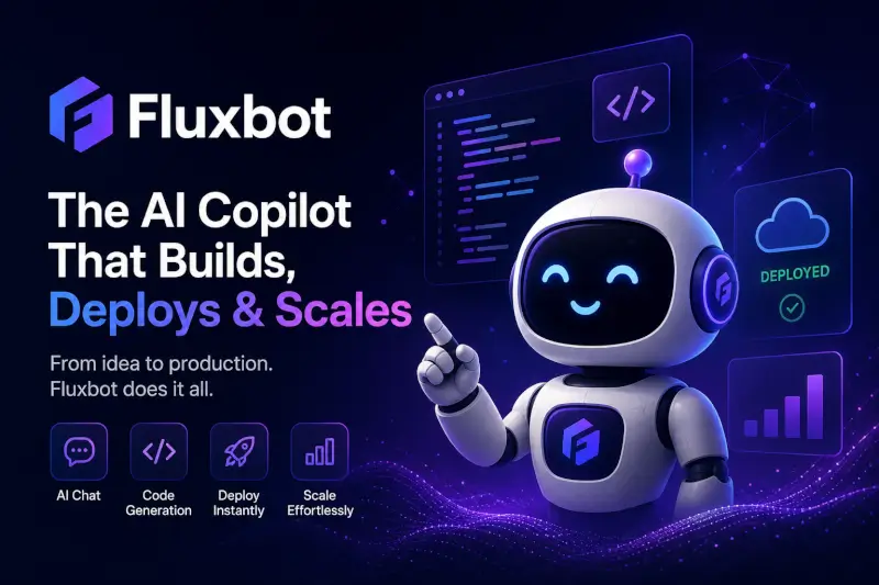 FluxBot AI assistant featured image showing a futuristic smiling robot surrounded by neon blue and purple AI workflow interfaces, code panels, cloud deployment graphics, and business growth charts representing AI automation and scalable content systems.