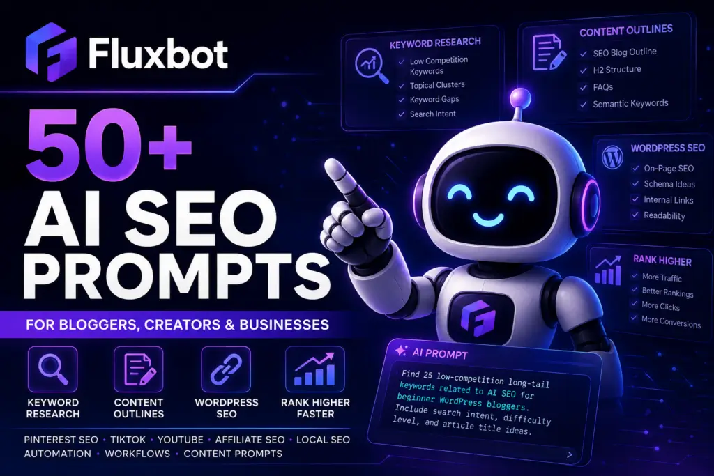 FluxBot AI featured image showing a futuristic robot presenting 50+ AI SEO prompts for bloggers, creators, and businesses with neon keyword research, WordPress SEO, content outline, and ranking workflow panels.