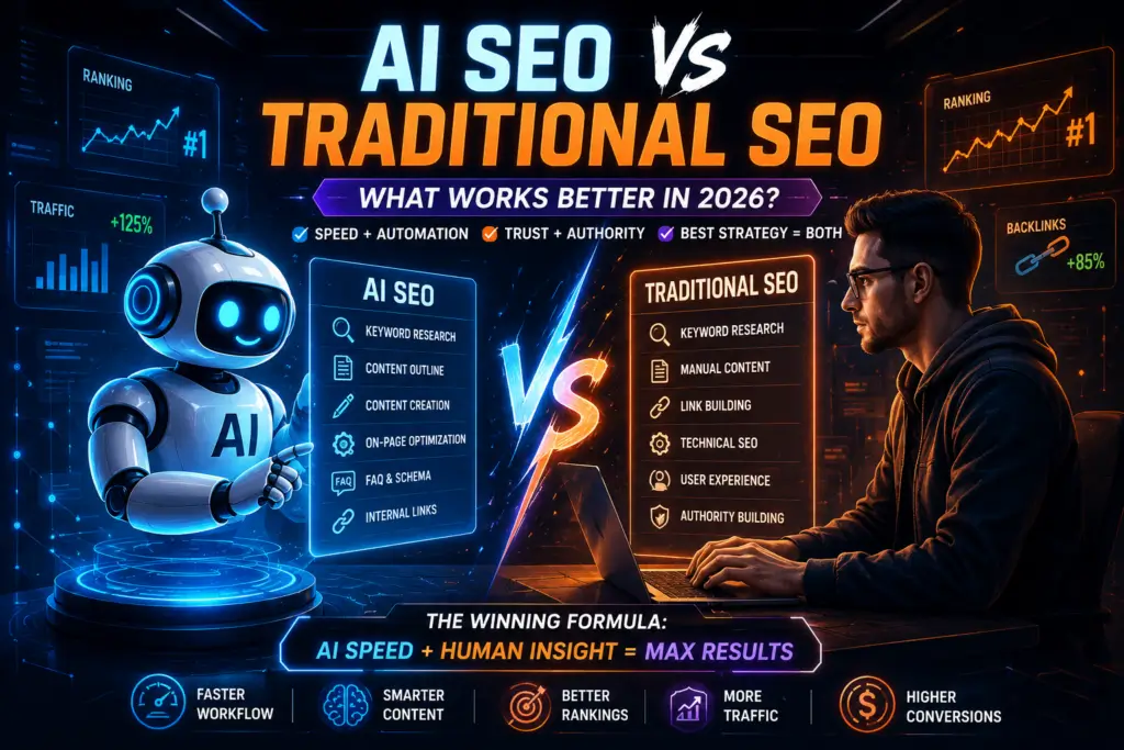 FluxBot robot comparing AI SEO and traditional SEO using futuristic ranking dashboards, keyword research tools, backlinks, and content optimization charts.