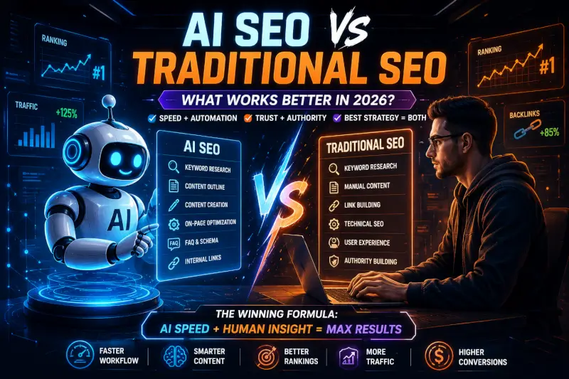 FluxBot robot comparing AI SEO and traditional SEO using futuristic ranking dashboards, keyword research tools, backlinks, and content optimization charts.