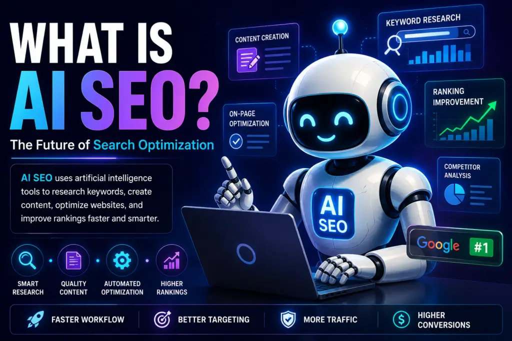 Friendly FluxBot-style AI robot explaining AI SEO using futuristic keyword research dashboards, ranking charts, content optimization panels, and Google search analytics.
