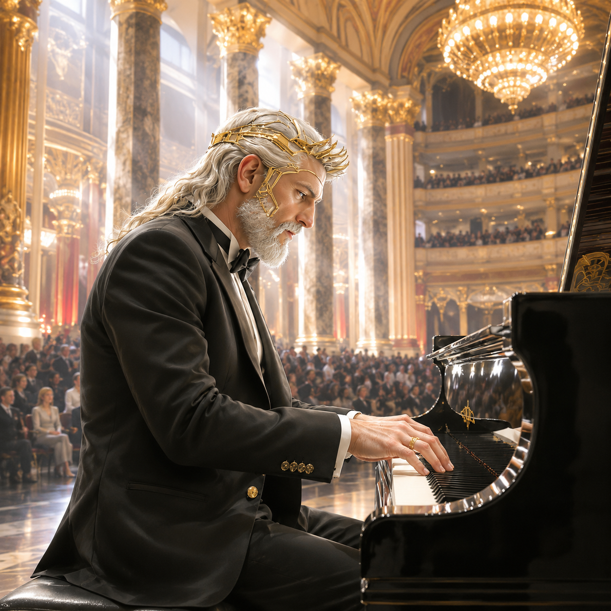 Romulus Harmonius performing emotional piano music inside a glowing fantasy concert hall inspired by a fallen empire