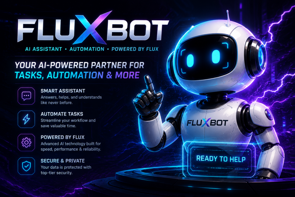 FluxBot futuristic AI robot promoting AI creator tools, music resources, video workflows, and digital creativity inside TechnofluxAI Hub.