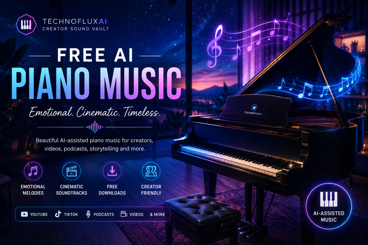 Neon-lit grand piano with glowing music notes promoting free AI piano music downloads for creators, YouTube videos, TikTok, podcasts, and cinematic storytelling projects.