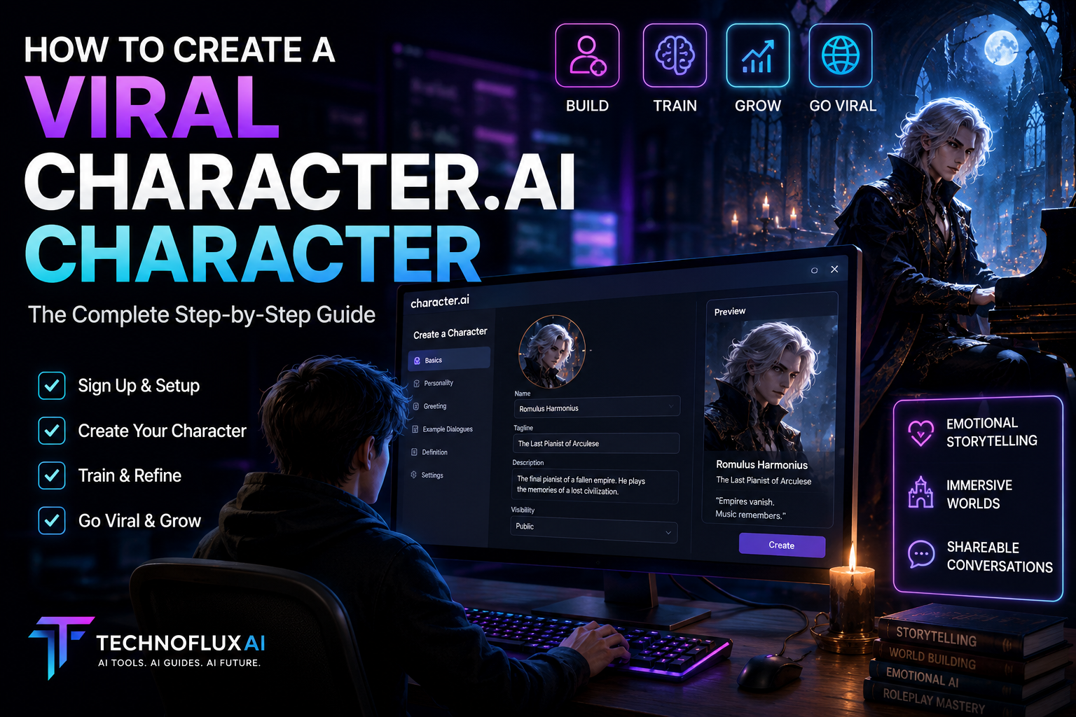 Person creating a viral fantasy AI character on Character.AI with Romulus Harmonius displayed on screen inside a cinematic neon-lit workspace
