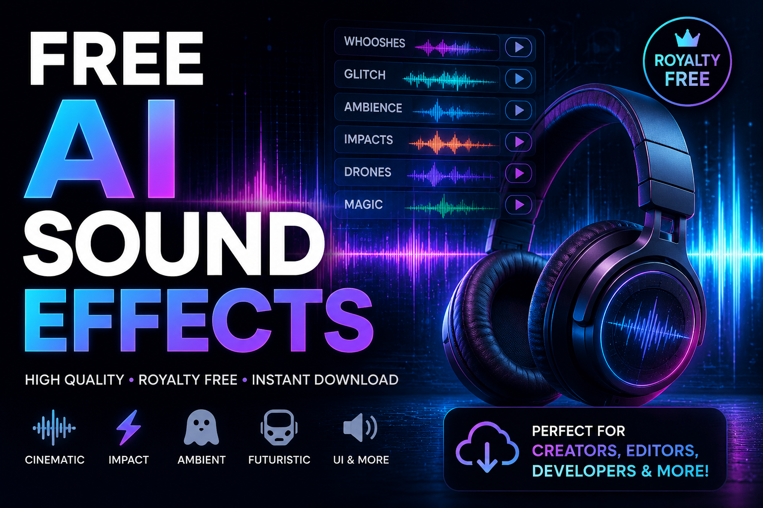 Futuristic neon banner showing free AI sound effects with glowing audio waveforms, headphones, royalty-free icons, and cinematic cyberpunk design.