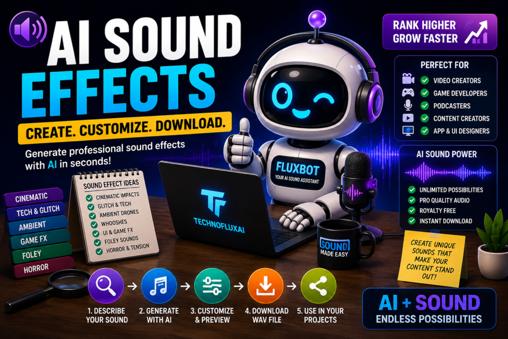 FluxBot cartoon robot creating AI sound effects with headphones, microphone, glowing waveforms, and futuristic audio tools in a neon cyberpunk workspace.
