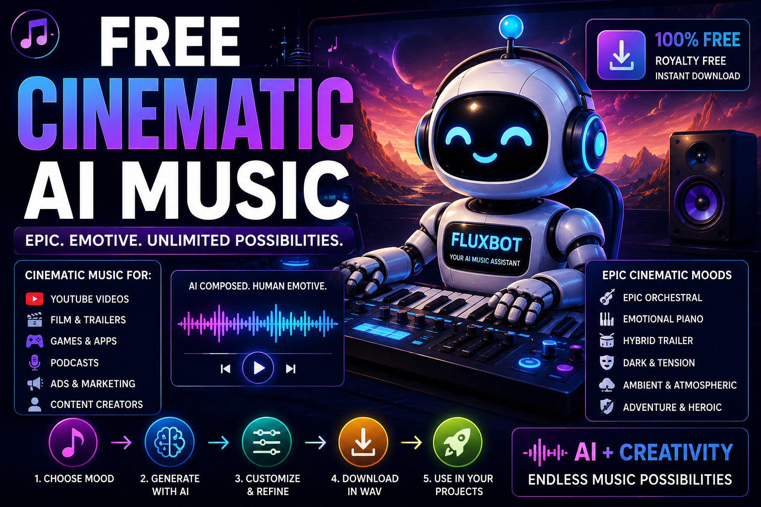 FluxBot cartoon robot creating cinematic AI music with a glowing keyboard, futuristic audio software, neon waveforms, and a sci-fi music studio background.