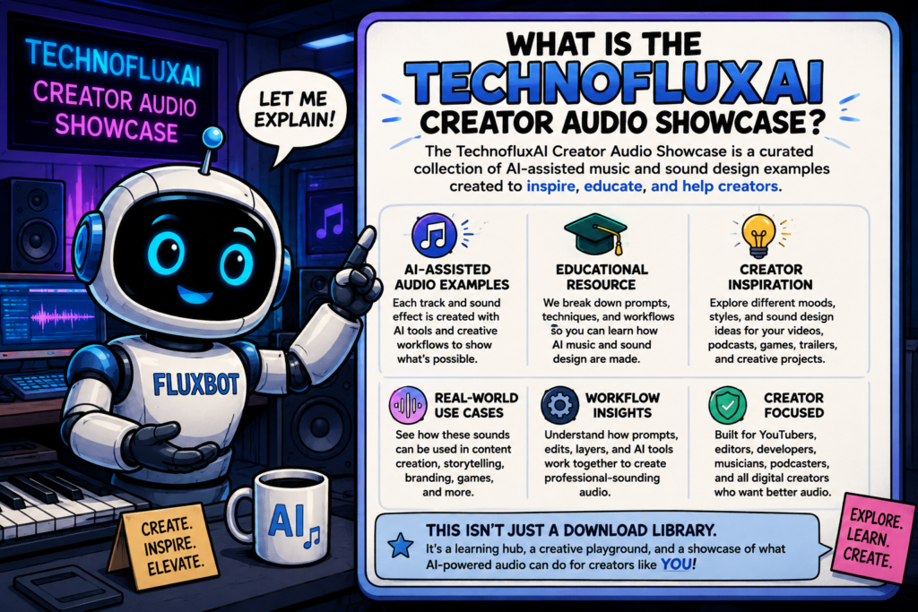 FluxBot cartoon robot explaining the TechnofluxAI Creator Audio Showcase inside a futuristic neon music studio with AI audio workflow panels and cinematic sound design graphics.