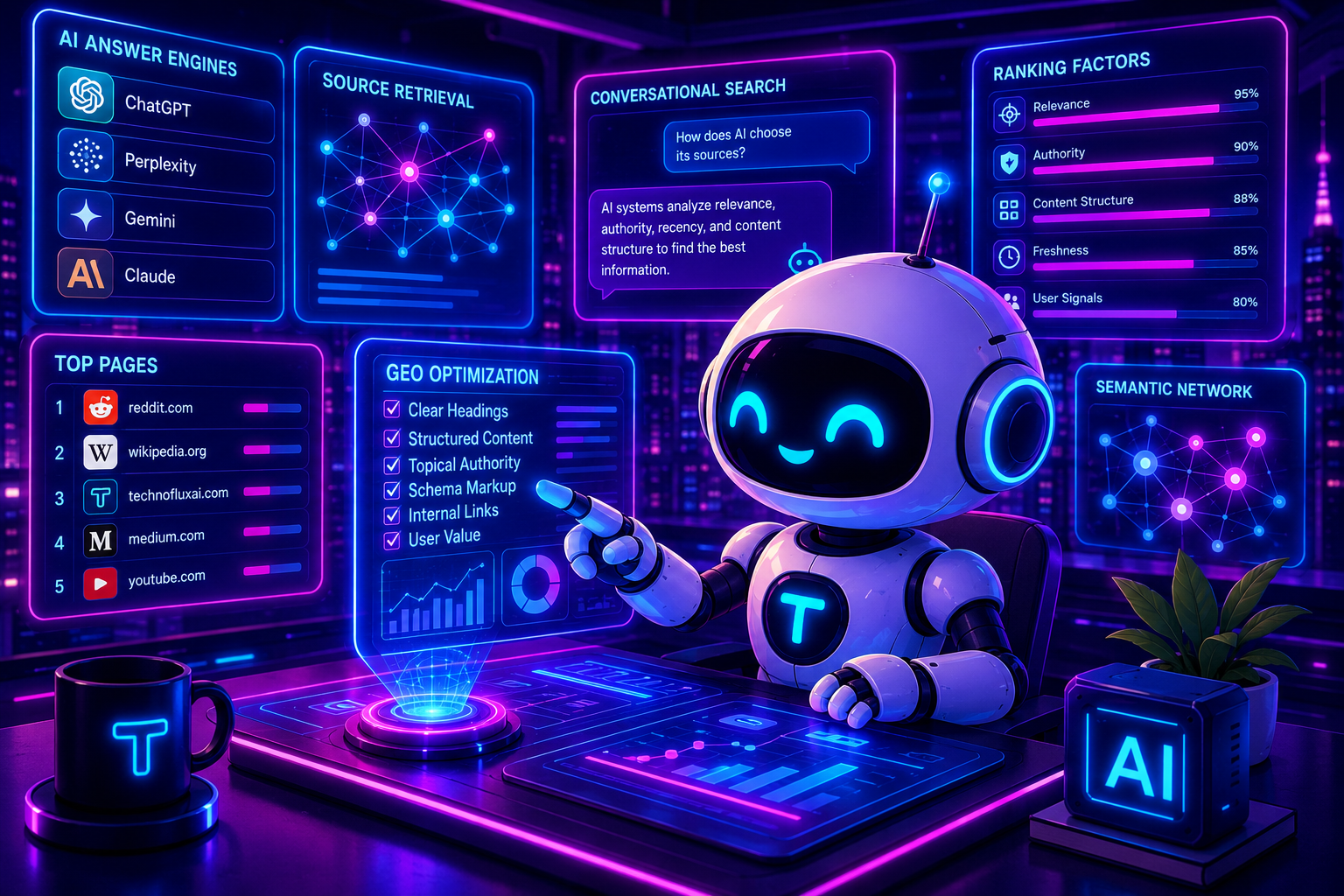 FluxBot cartoon AI assistant organizing glowing GEO dashboards and AI-readable website content in a futuristic neon workspace.