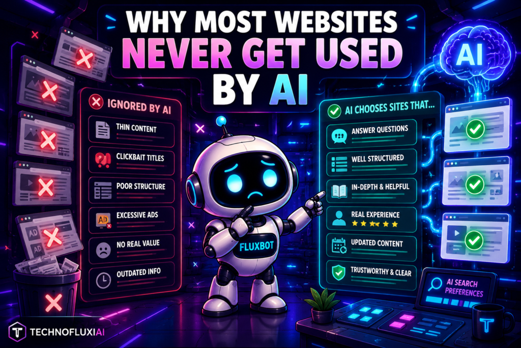 FluxBot explaining why most websites fail to get cited by AI systems while comparing low-quality content against AI-optimized websites in a futuristic neon digital workspace.