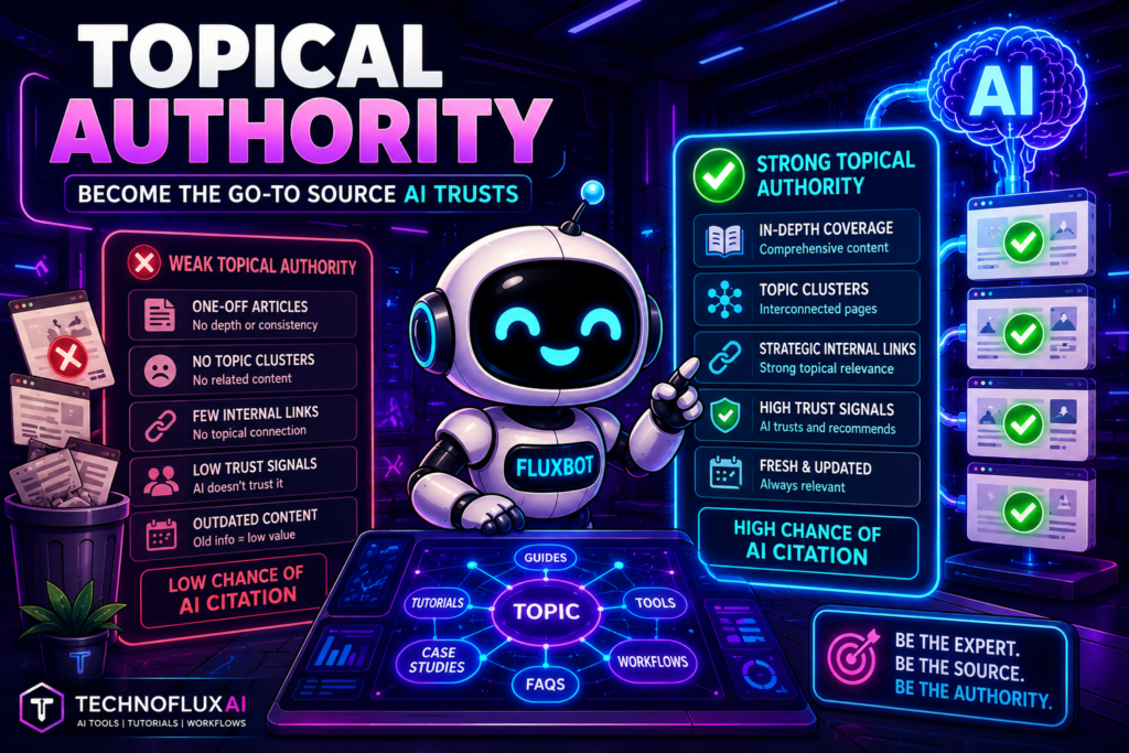 FluxBot demonstrating topical authority strategies with AI-trusted content clusters, internal linking systems, and GEO optimization dashboards inside a futuristic neon digital control room.