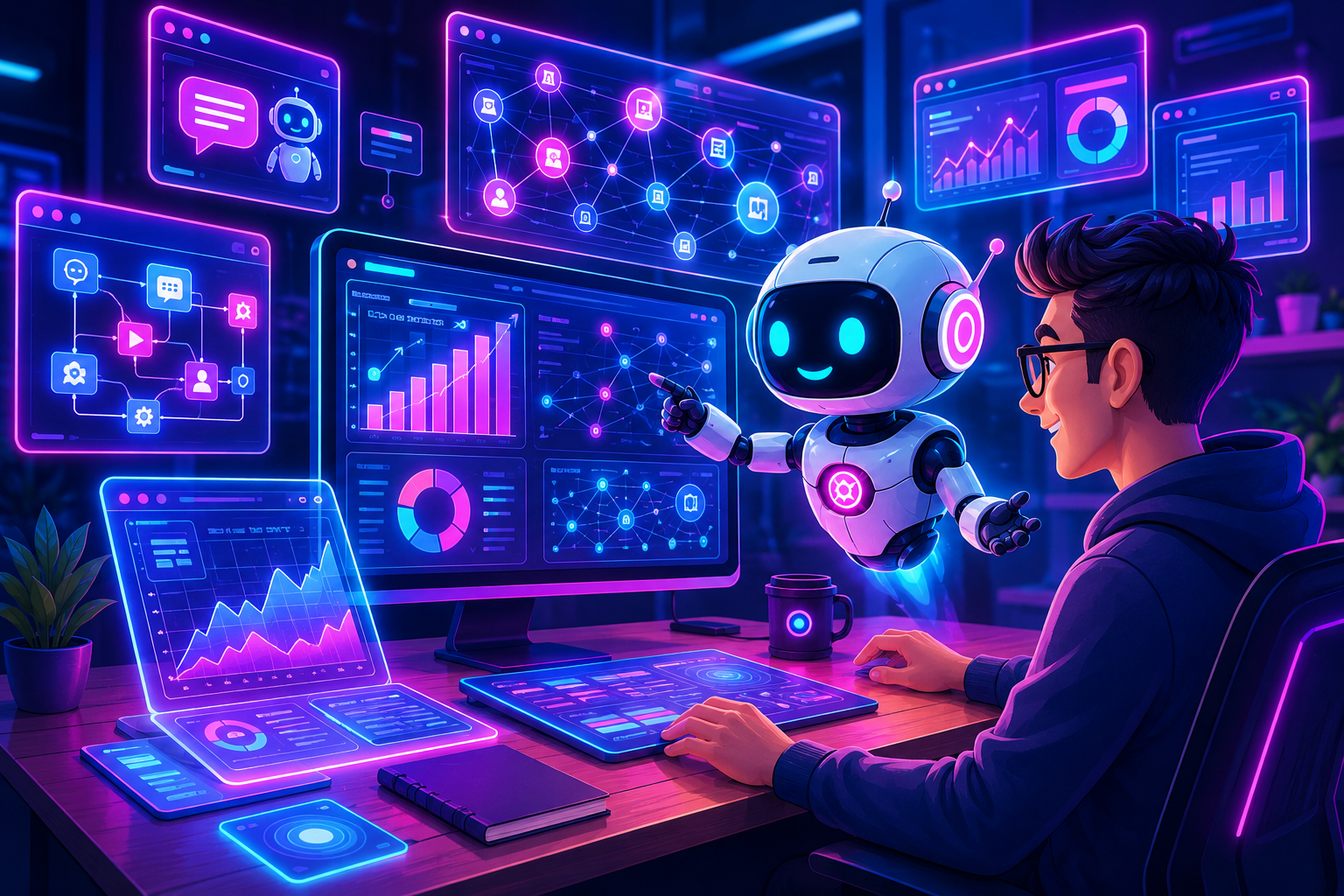 FluxBot cartoon helping optimize a website for GEO and AI search visibility