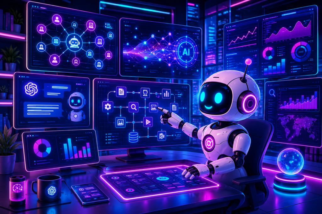“FluxBot helping a creator optimize AI search workflows with analytics dashboards and automation tools”