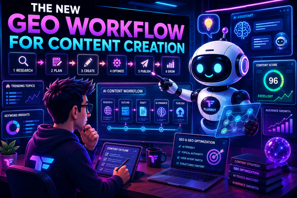 FluxBot helping a creator build an AI-powered GEO content workflow using analytics dashboards, SEO optimization systems, and AI publishing tools