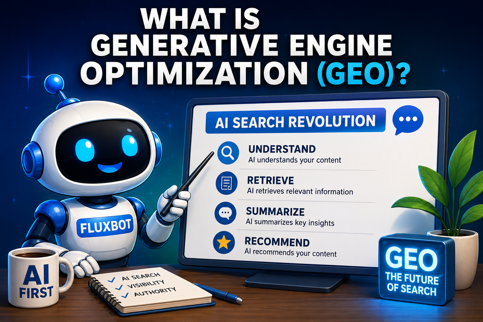FluxBot explaining generative engine optimization (GEO) on a futuristic AI search dashboard with AI visibility, authority, and search optimization concepts.