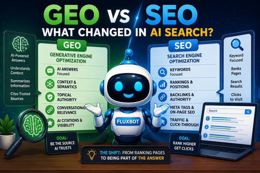 FluxBot comparing GEO vs SEO using futuristic AI search dashboards, semantic search systems, rankings, AI citations, and conversational search optimization concepts.