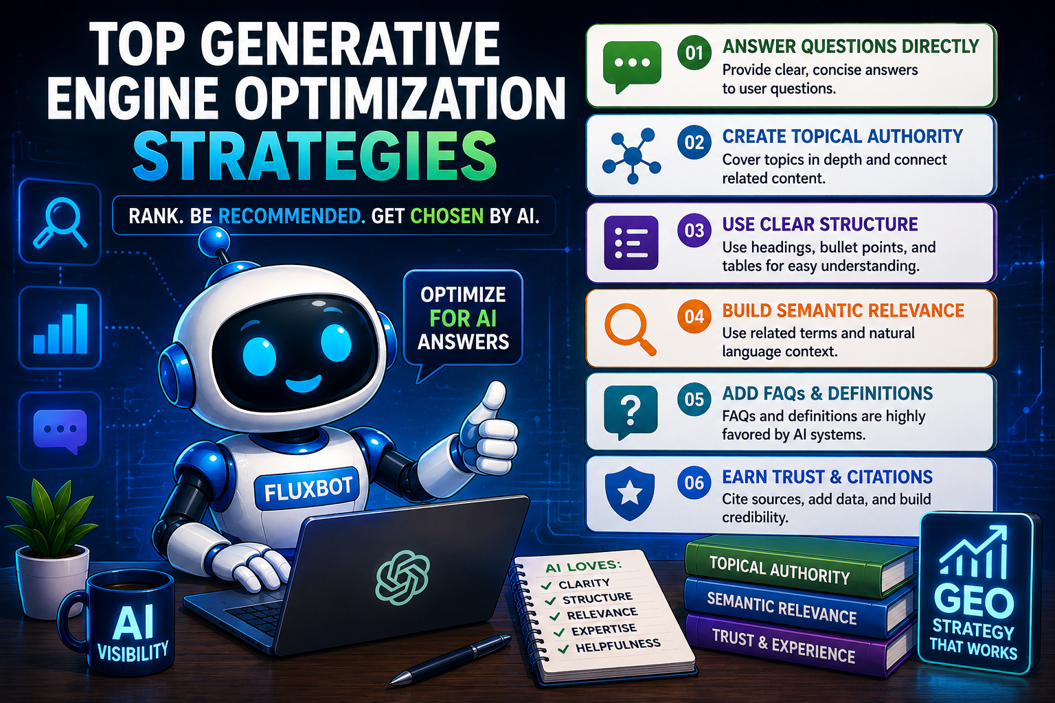 FluxBot presenting top generative engine optimization strategies using AI search optimization techniques, semantic relevance, topical authority, and AI visibility workflows.