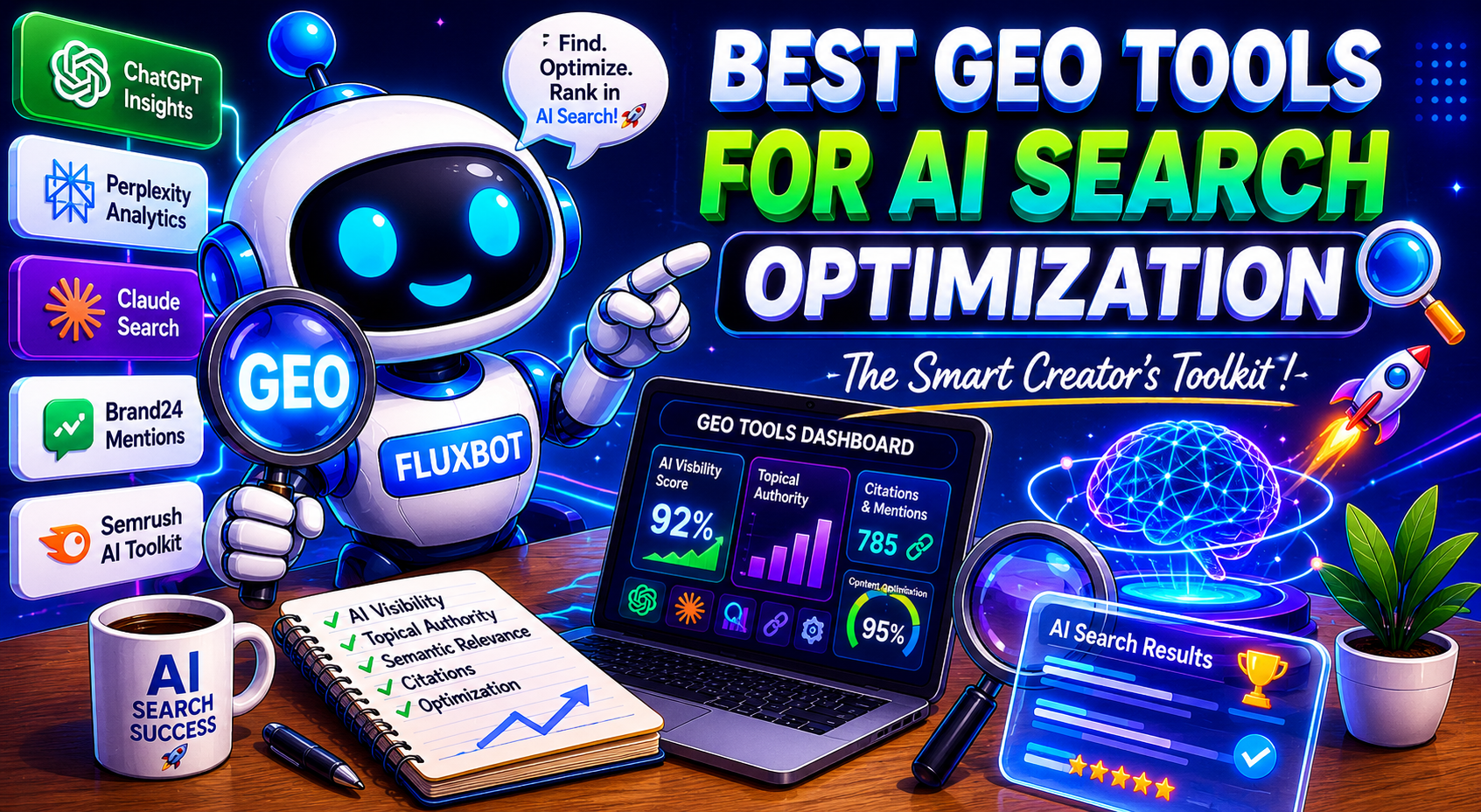 FluxBot showcasing the best GEO tools for AI search optimization using AI visibility dashboards, semantic SEO tools, topical authority systems, and conversational search workflows.
