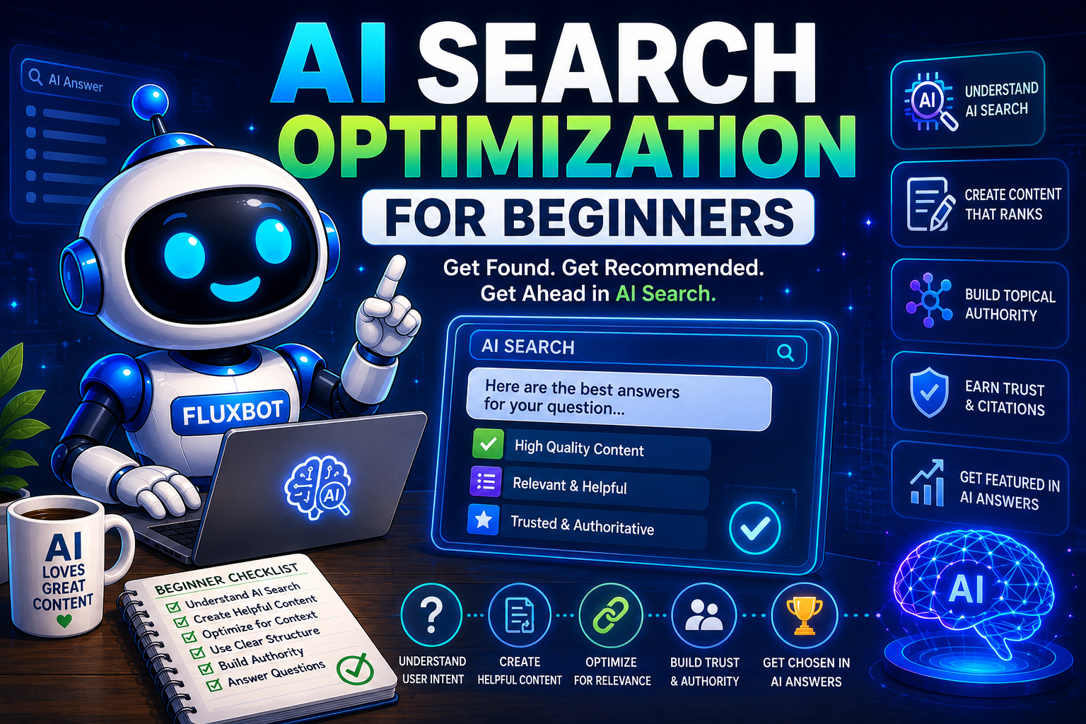 FluxBot cartoon teaching AI search optimization for beginners with glowing AI dashboards, content optimization checklists, topical authority workflows, and futuristic AI search interfaces in a neon blue digital workspace.