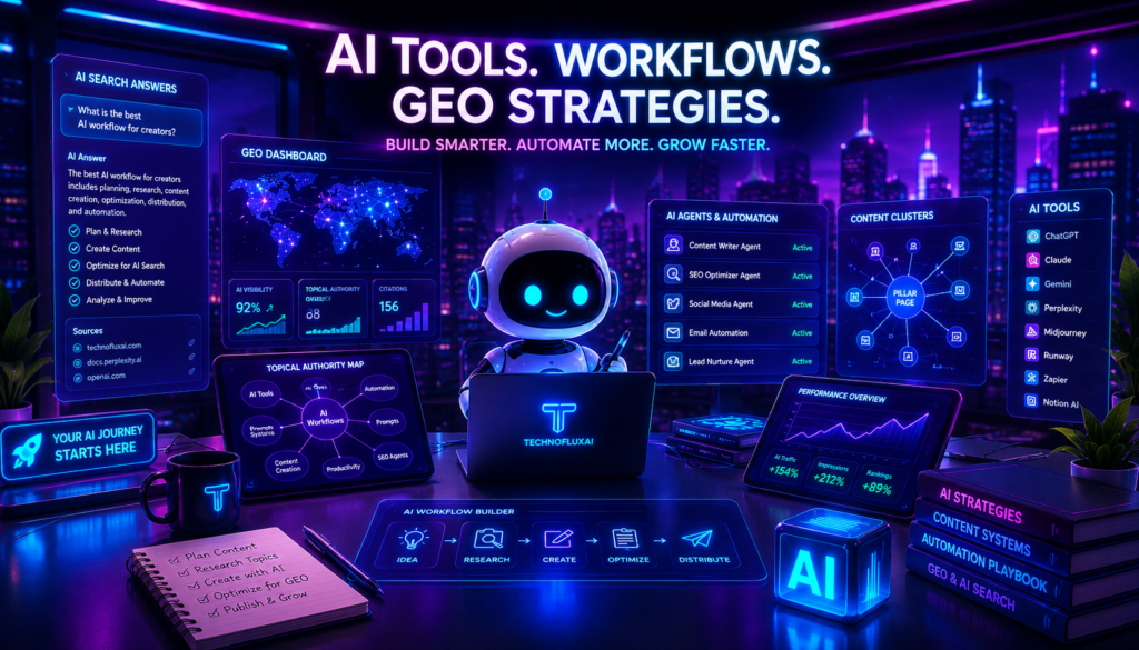 FluxBot managing AI workflows, GEO dashboards, topical authority maps, and AI search systems inside a futuristic neon control room.