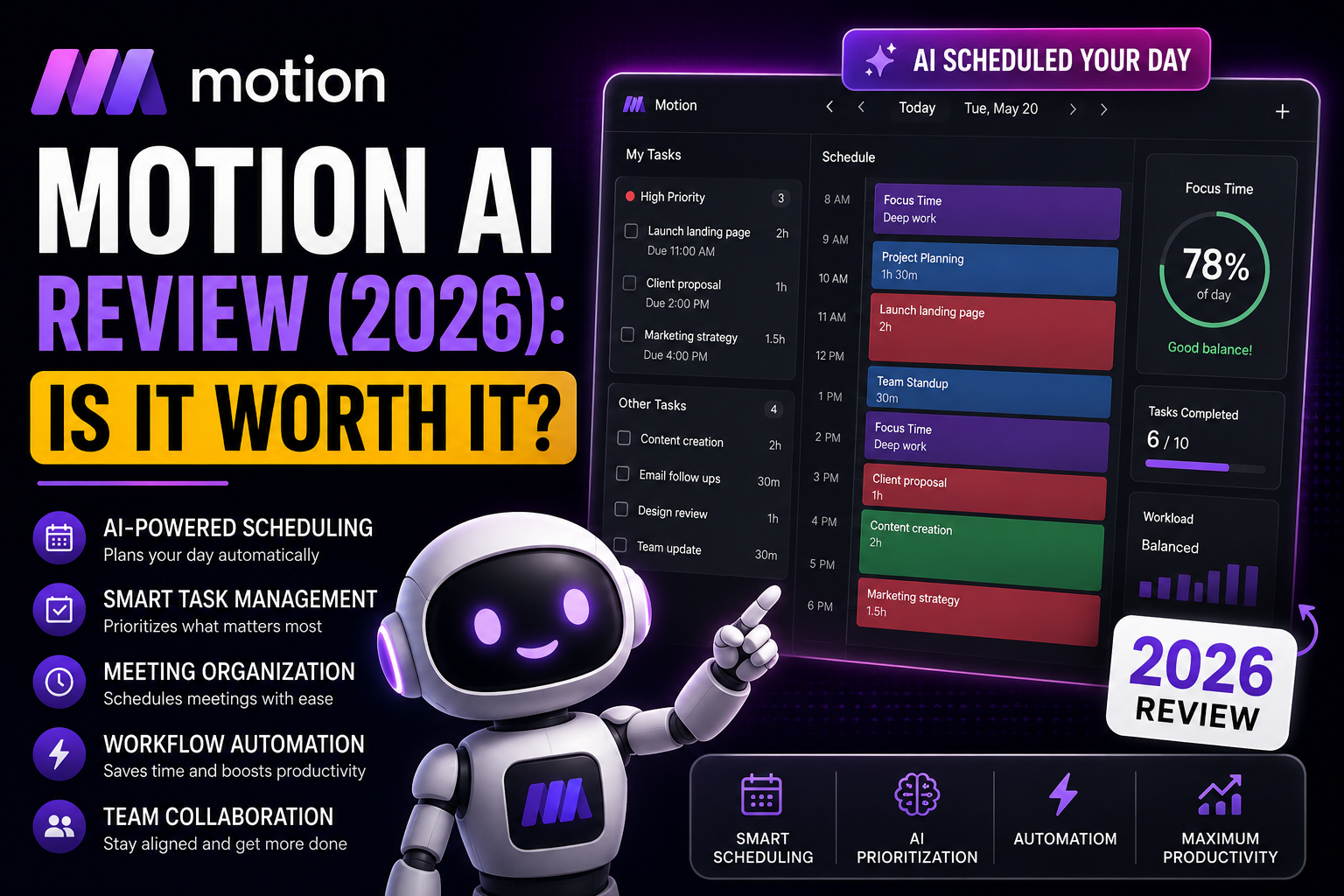 FluxBot cartoon robot reviewing Motion AI scheduling software with smart calendar automation, AI task management, workflow organization, and productivity dashboard interface in 2026.