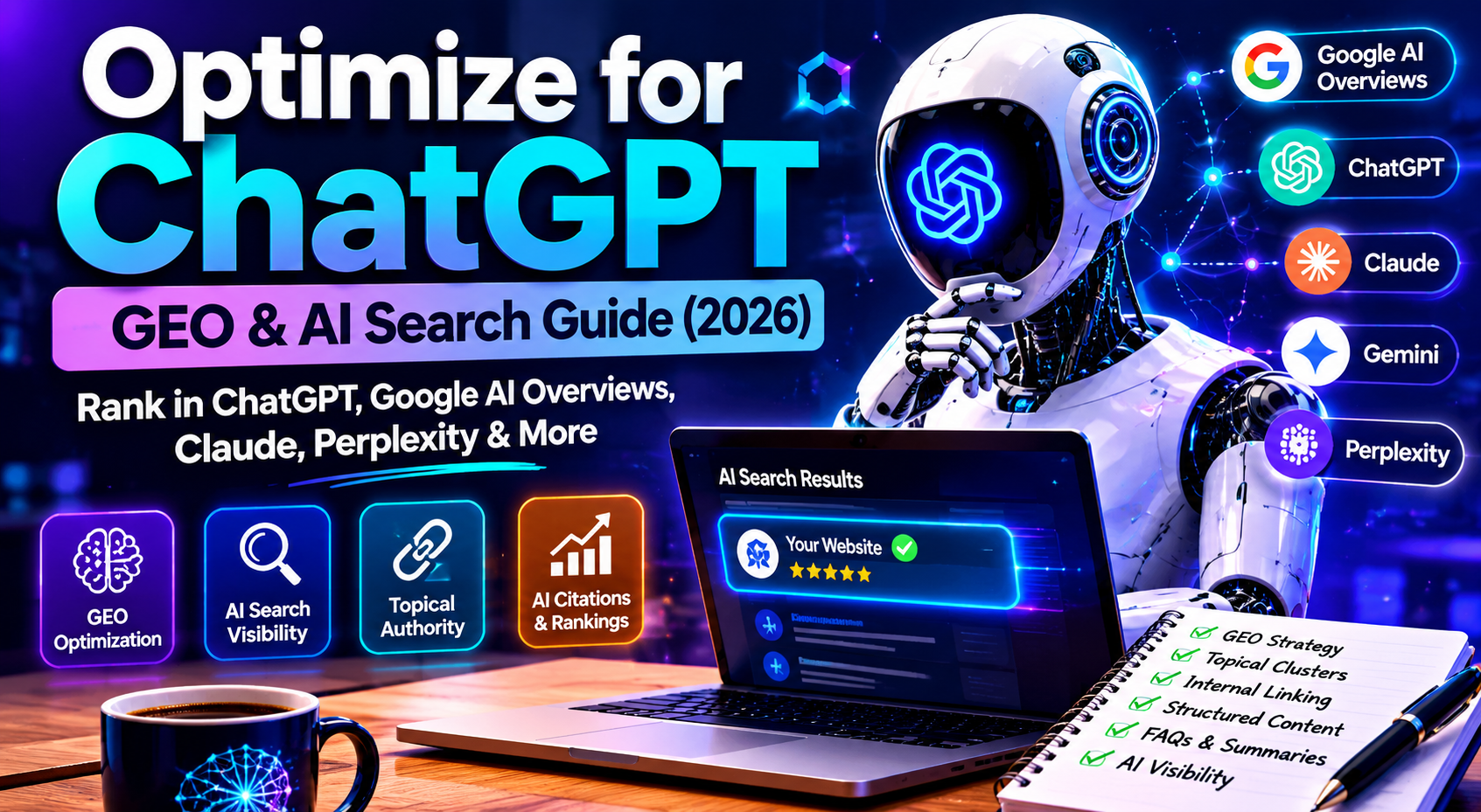 FluxBot cartoon robot helping optimize content for ChatGPT and AI search visibility with futuristic dashboards, GEO strategy icons, AI citations, topical authority graphics, and glowing neon productivity workspace.