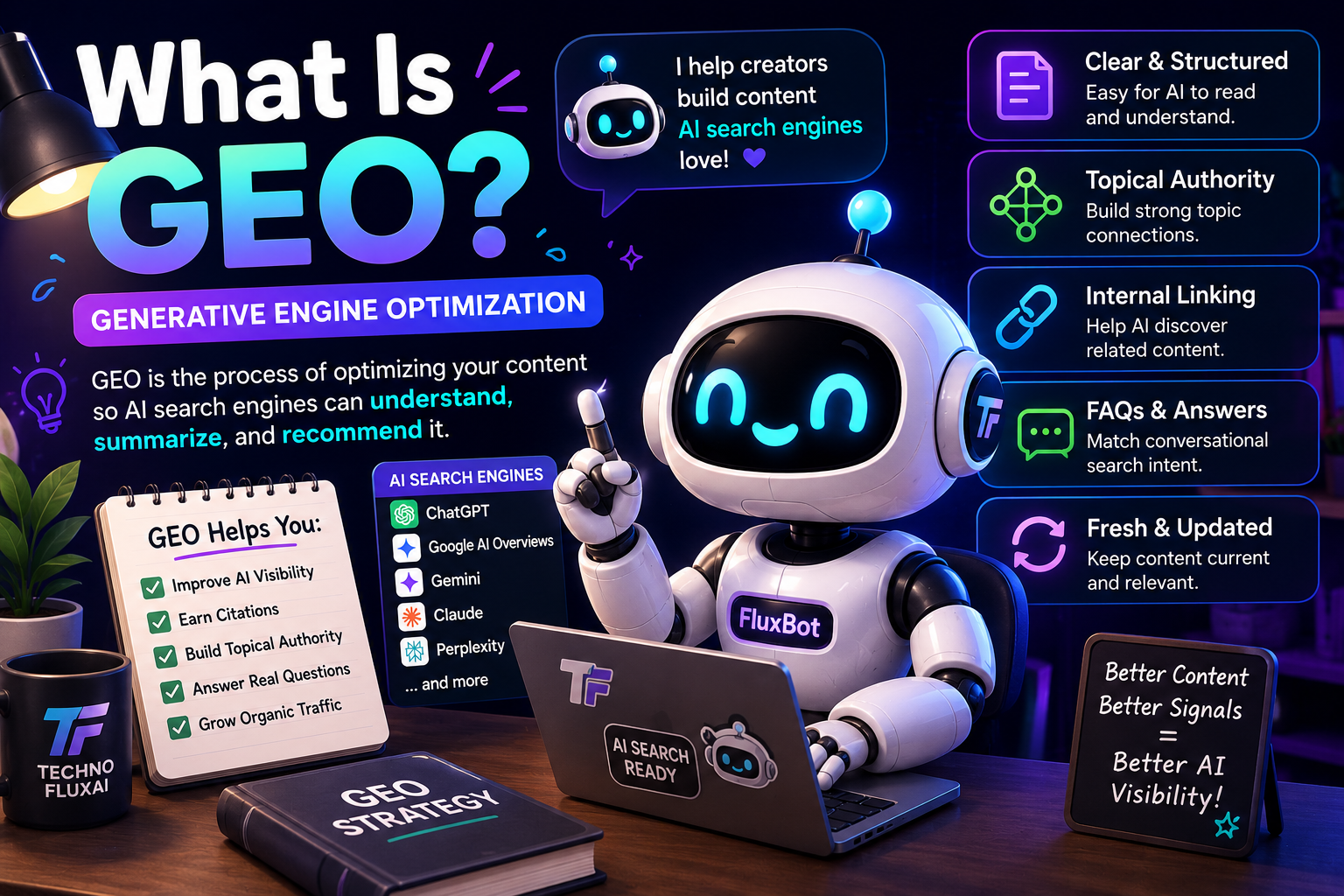 FluxBot explaining Generative Engine Optimization GEO with AI search optimization dashboards, topical authority, internal linking, and AI visibility systems