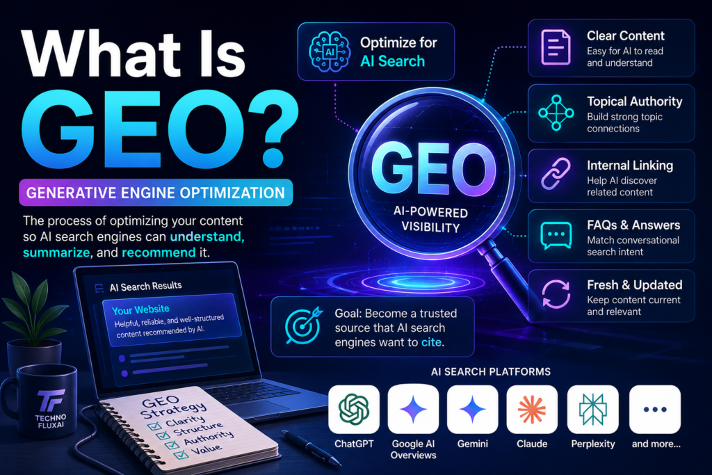FluxBot explaining Generative Engine Optimization GEO with AI search optimization dashboards, topical authority, internal linking, and AI visibility systems