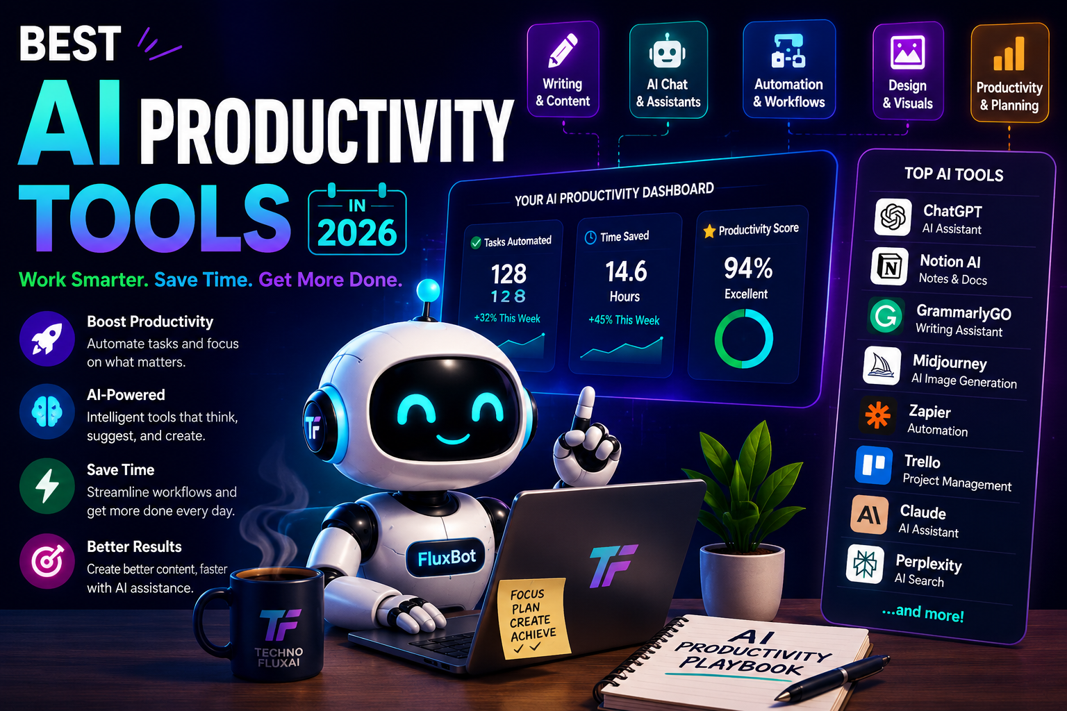 FluxBot cartoon AI assistant surrounded by glowing productivity dashboards, workflow automation tools, AI planning systems, and top productivity software in a futuristic neon workspace.