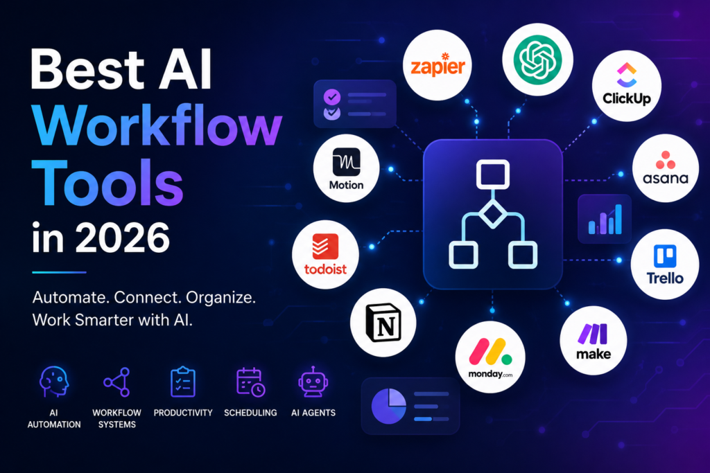 Futuristic Best AI Workflow Tools in 2026 featured image showing AI automation platforms, workflow systems, productivity apps, AI agents, and scheduling tools connected through a glowing digital workflow network.