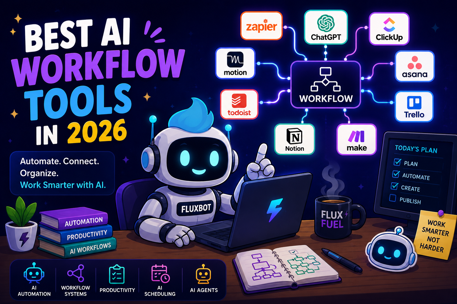Futuristic Best AI Workflow Tools in 2026 featured image showing AI automation platforms, workflow systems, productivity apps, AI agents, and scheduling tools connected through a glowing digital workflow network.