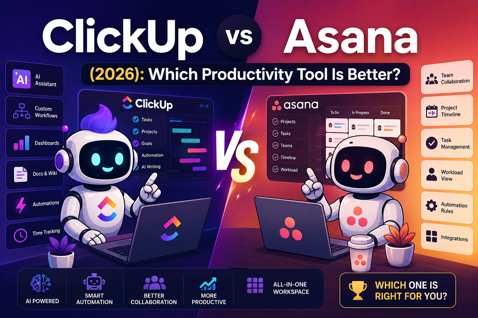 Colorful cartoon comparison image showing ClickUp vs Asana productivity tools in 2026 with FluxBot-style AI robots, workflow dashboards, automation icons, project management systems, and AI productivity features.