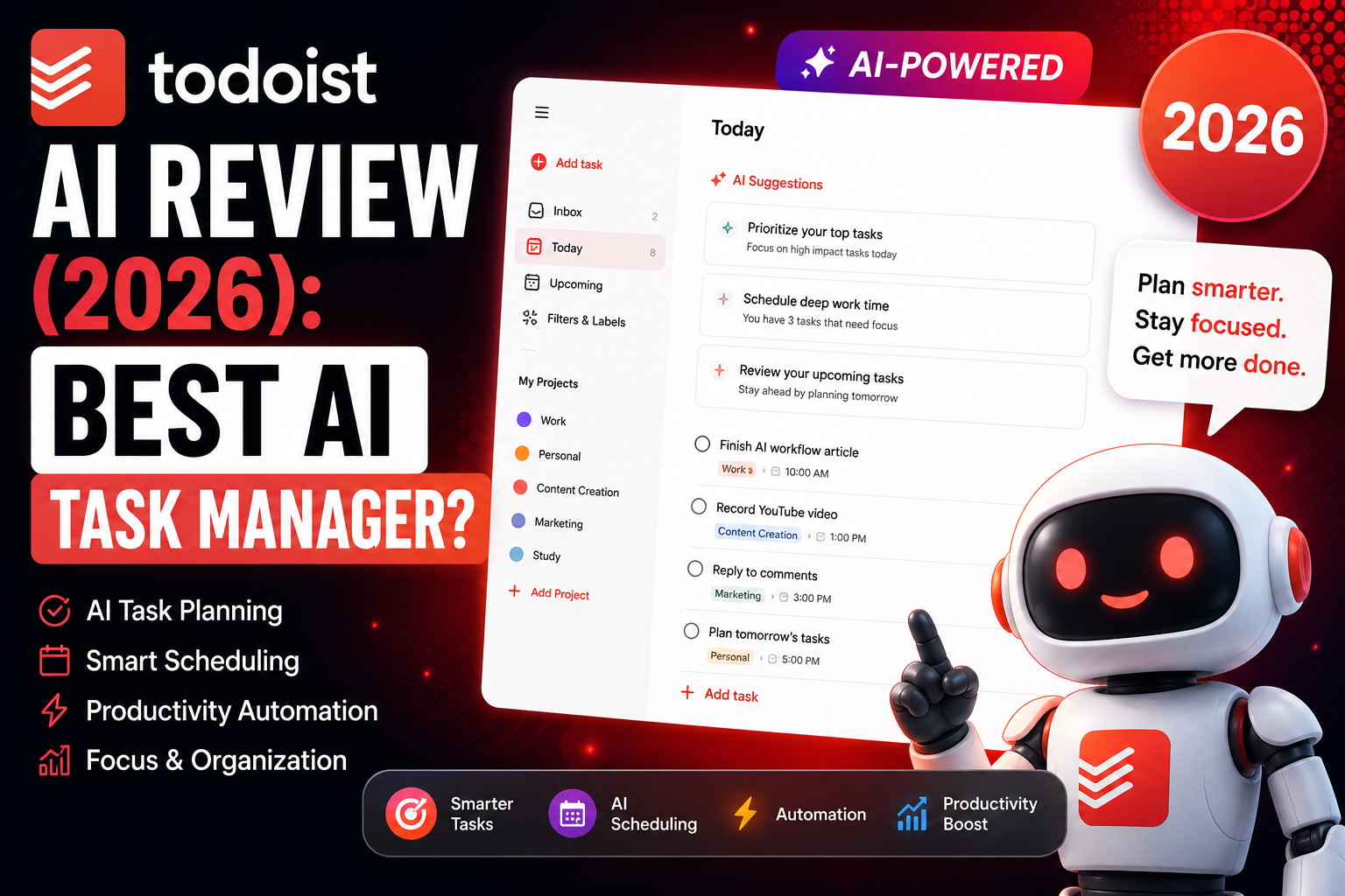 FluxBot cartoon robot reviewing Todoist AI productivity tools dashboard with smart task planning, AI scheduling, automation features, and futuristic workflow interface in 2026.
