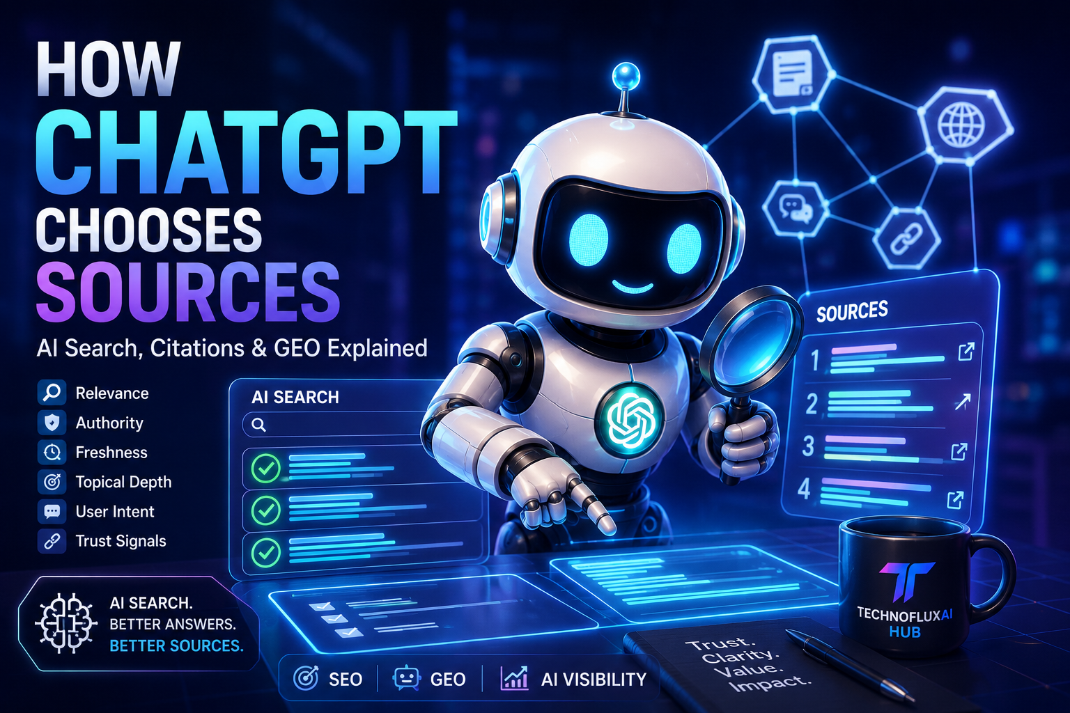 FluxBot AI robot analyzing how ChatGPT chooses sources for AI answers, GEO strategy, SEO visibility, and AI search citations.
