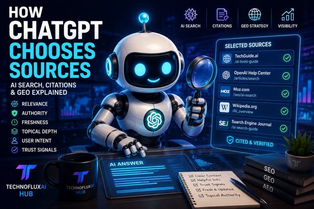 FluxBot AI robot analyzing how ChatGPT chooses sources using SEO, GEO, authority signals, citations, and AI search visibility systems.
