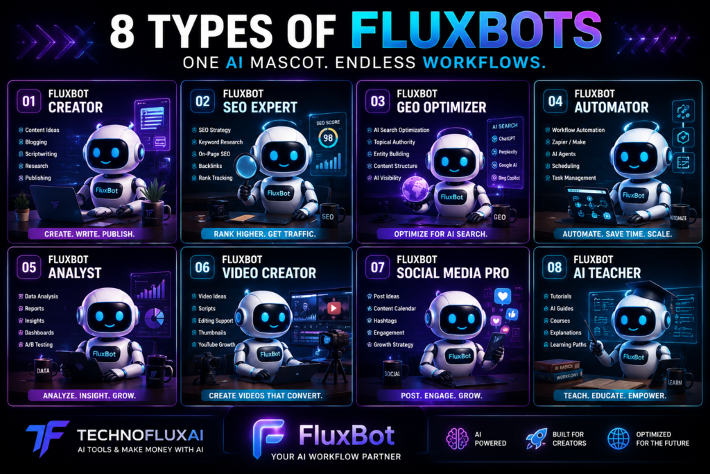 Eight futuristic FluxBot AI characters representing SEO, GEO, automation, AI workflows, video creation, analytics, social media, and AI education inside a neon cyberpunk workspace.