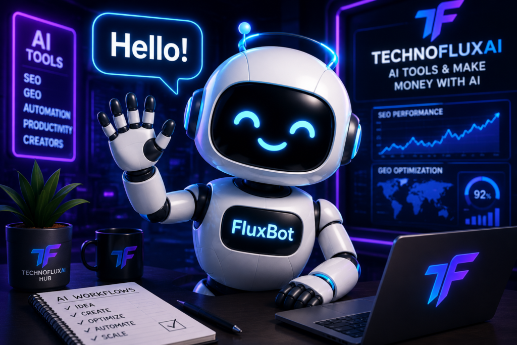 Friendly FluxBot AI robot waving hello inside a futuristic neon workspace with AI SEO, GEO, automation, and productivity dashboards.