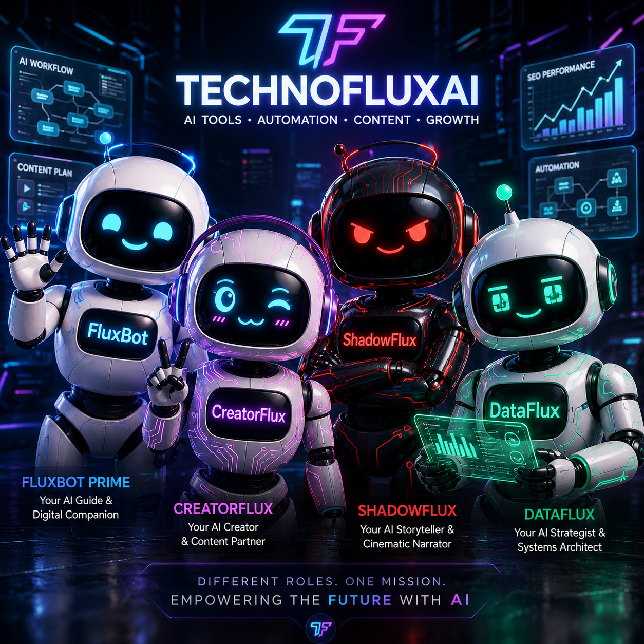 TechnofluxAI AI avatar team featuring FluxBot Prime, CreatorFlux, ShadowFlux, and DataFlux in a futuristic neon cyberpunk control room with glowing AI dashboards and holographic interfaces.