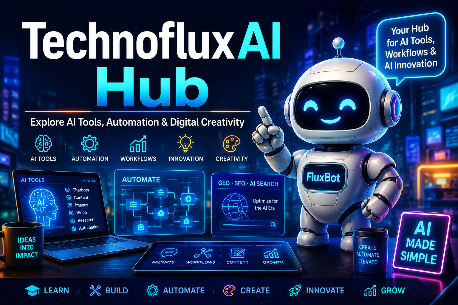Friendly futuristic FluxBot mascot inside the TechnofluxAI Hub surrounded by glowing AI dashboards, automation workflows, GEO strategy panels, and neon cyberpunk technology visuals.