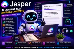 FluxBot using Jasper AI for blog writing, SEO content creation, brand voice, templates, and marketing workflows