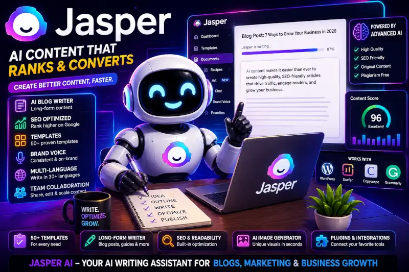 FluxBot using Jasper AI for blog writing, SEO content creation, brand voice, templates, and marketing workflows