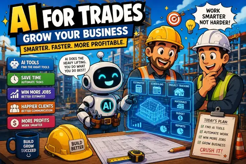 Cartoon AI tools for trades illustration showing construction workers using automation, scheduling, estimates, and business growth technology