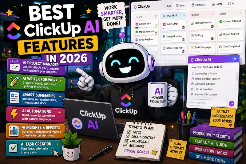 FluxBot cartoon showcasing the best ClickUp AI features in 2026 including task automation, AI writing, workflow management, and productivity tools