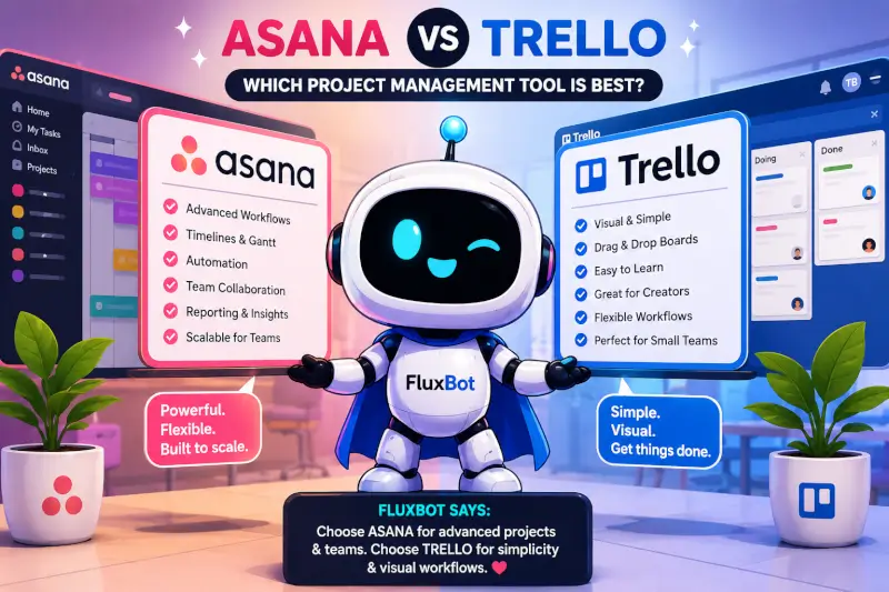 “Cartoon FluxBot comparing Asana vs Trello project management tools with workflow and productivity features”